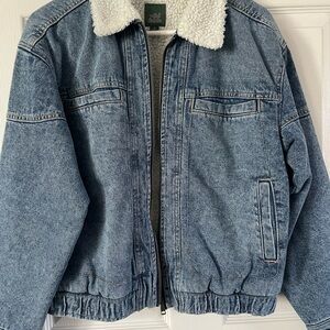 Wild Fable Blue and White Bomber Jacket with Sherpa Collar